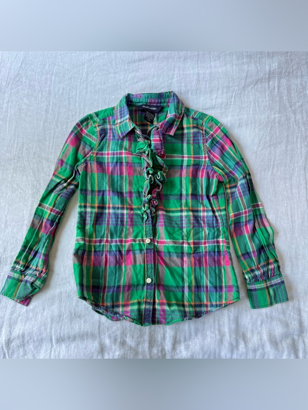 Ralph Lauren Green Plaid Ruffle-Front Button-Down Shirt Size 6